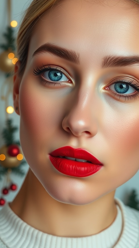 Close-up of a model with natural red Christmas makeup, featuring dewy skin and red lips.